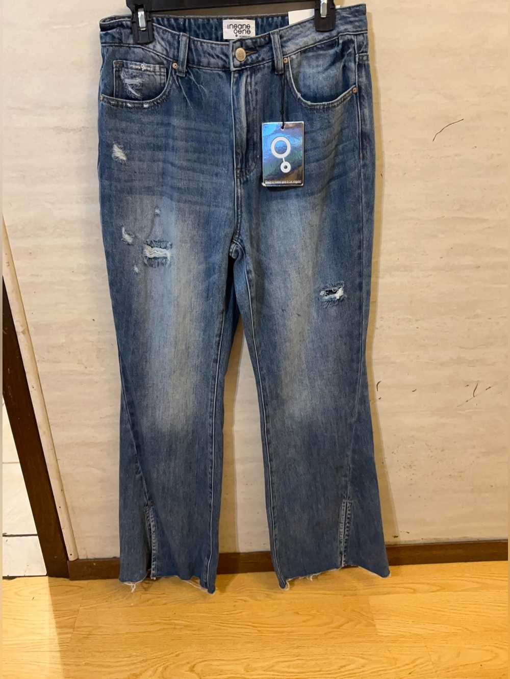 NWT-Insane Gene Distressed High Rise Slit Flare denim.